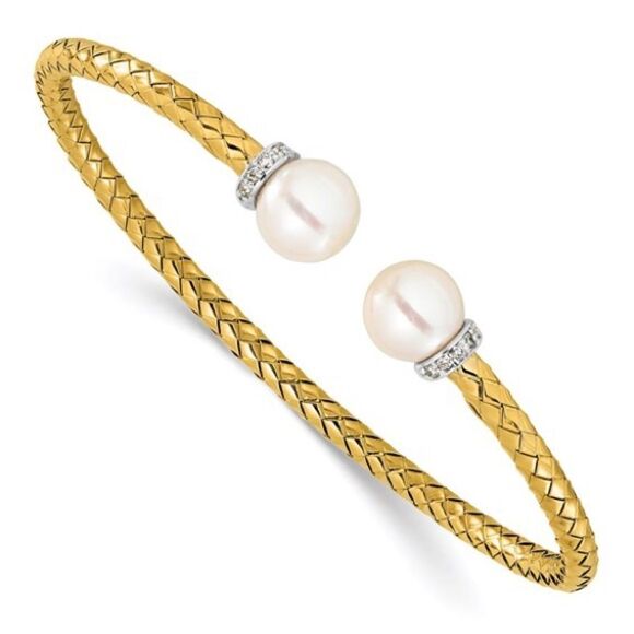 18k Gold two-tone Diamond and Pearl Cuff Bangle - Picture 1 of 3
